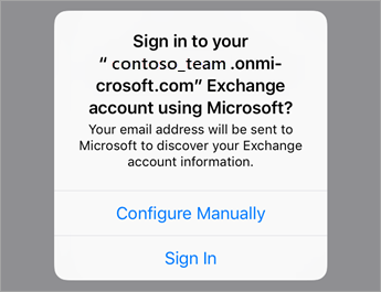 iPhone modal asking to sign in to Exchange account using Microsoft, with Sign In and Configure Manually options